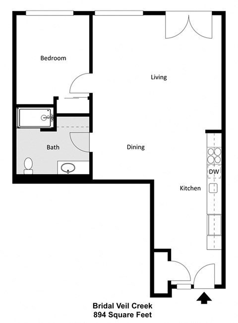 Floor plan for 1 bed, 1 bath, 894 sqft